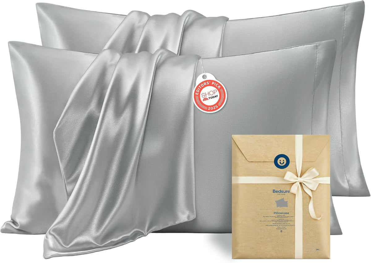 Bedsure Satin Pillowcase Standard Set of 2, Similar to Silk Pillowcase Grey
