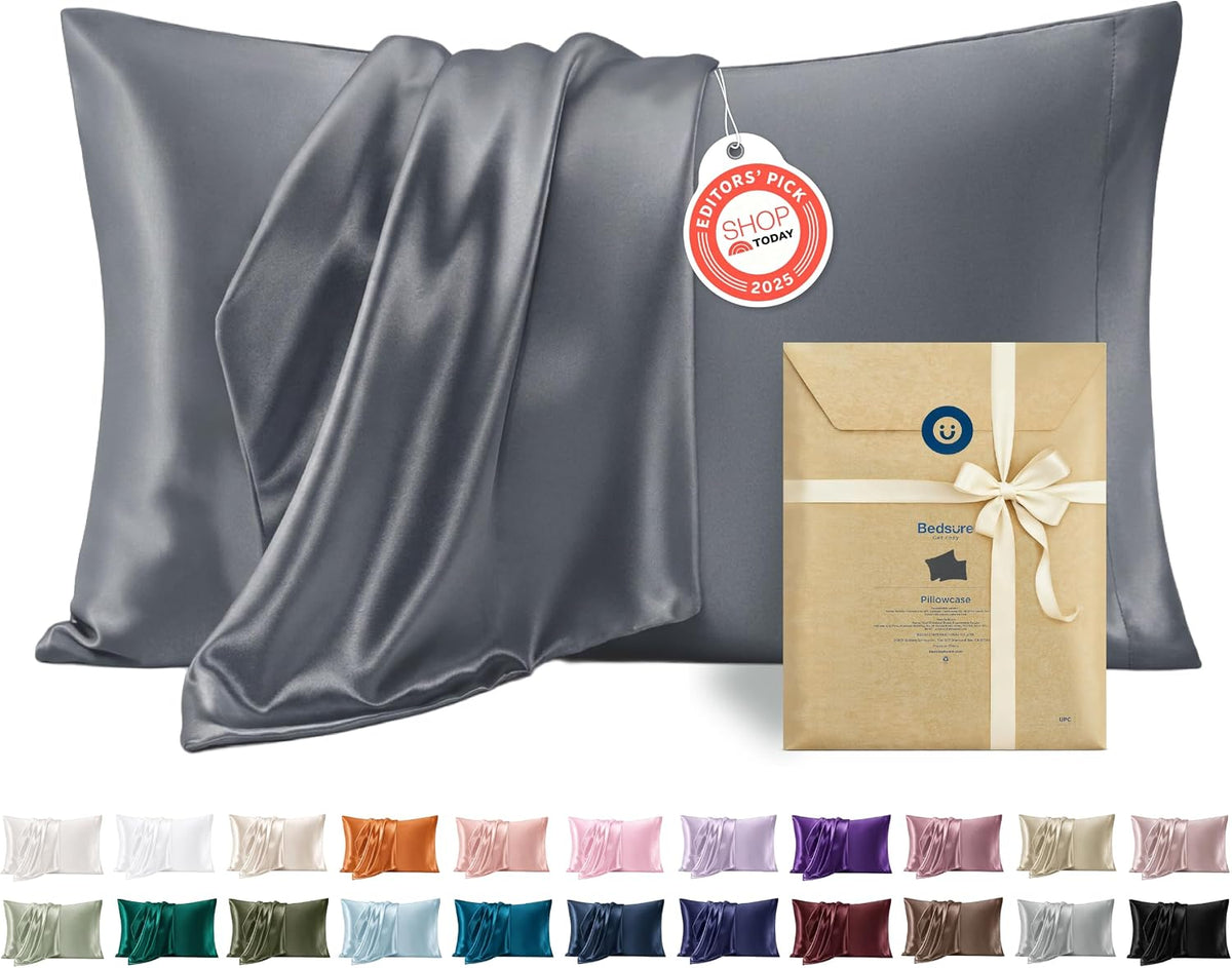 Bedsure Satin Pillowcase Standard Set of 2, Similar to Silk Pillowcase Grey