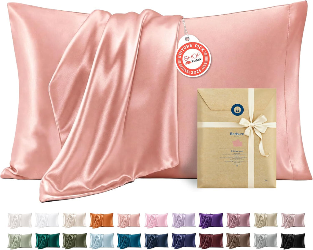 Bedsure satin pillowcase displayed on a pillow with corner detail