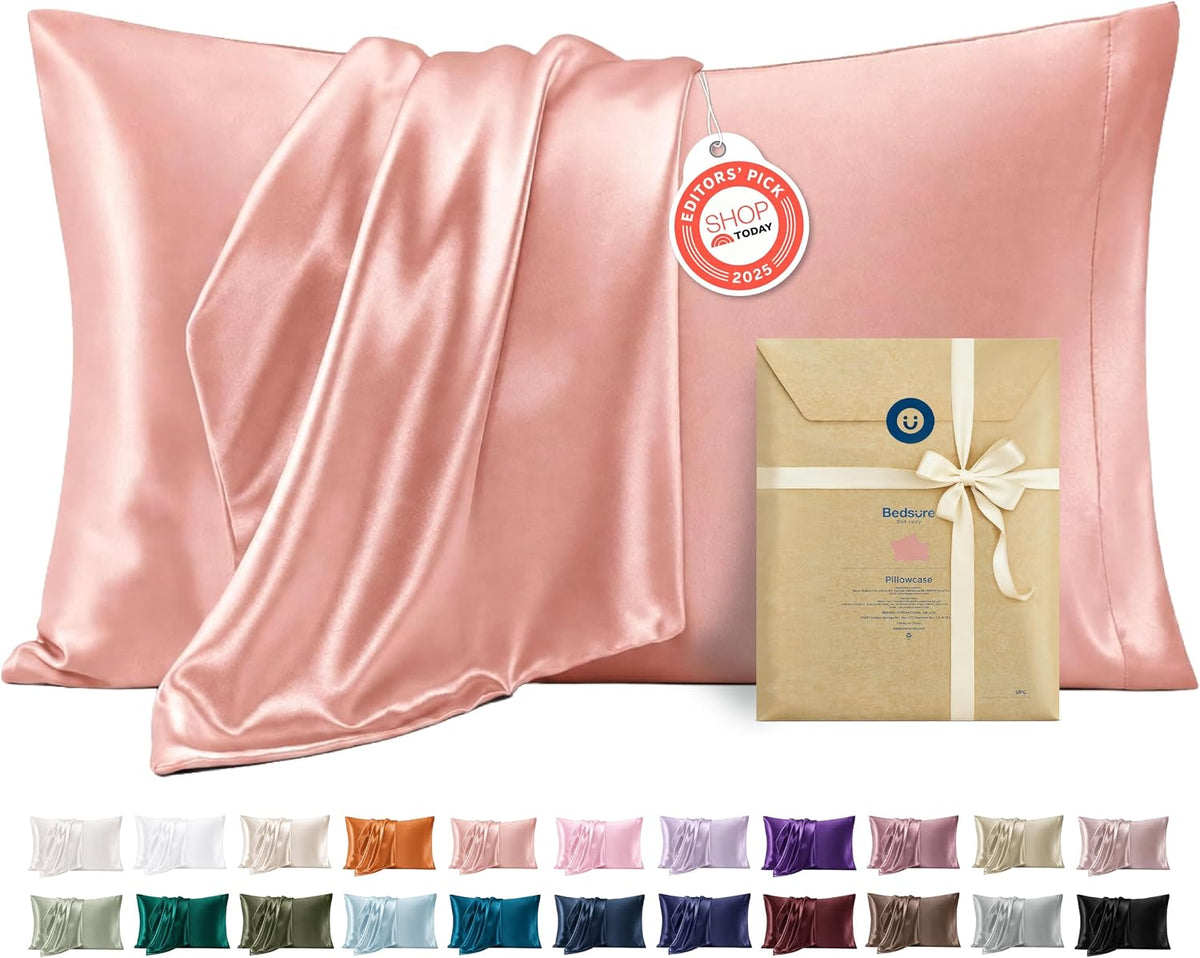 Bedsure satin pillowcase displayed on a pillow with corner detail